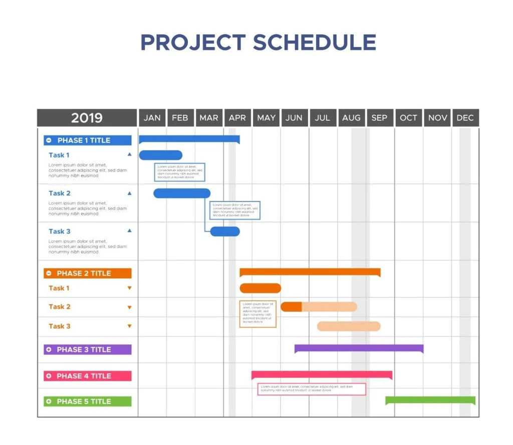 Gantt-style project schedule chart for 2019 showing five coloured phases across the months January to December